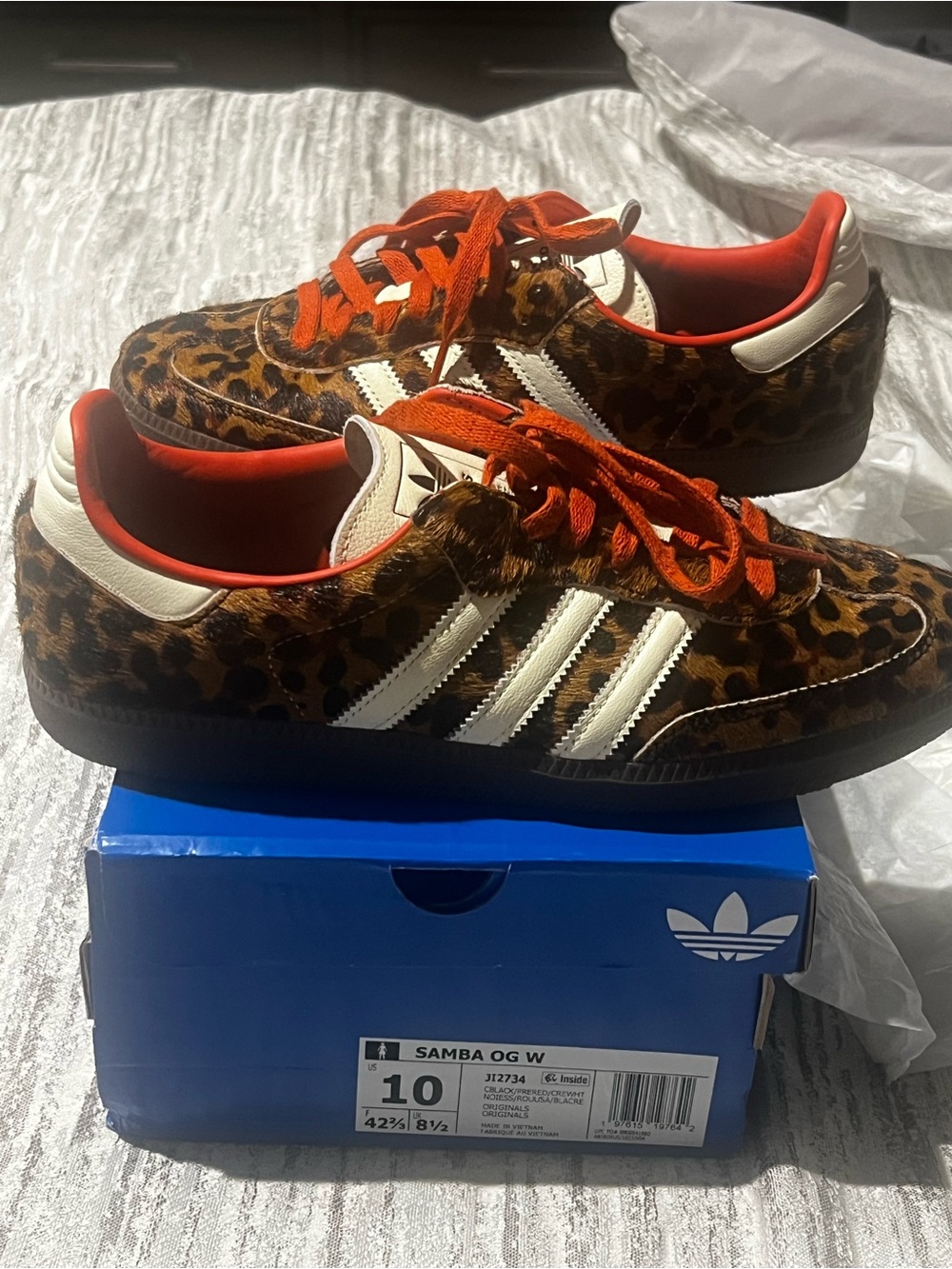 adidas Samba OG Leopard Print Sneakers - White Stripes, Orange Accents